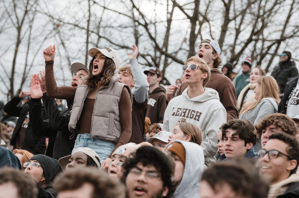 Fans cheering in the stands of Goodman Stadium sporting their brown and white attire.