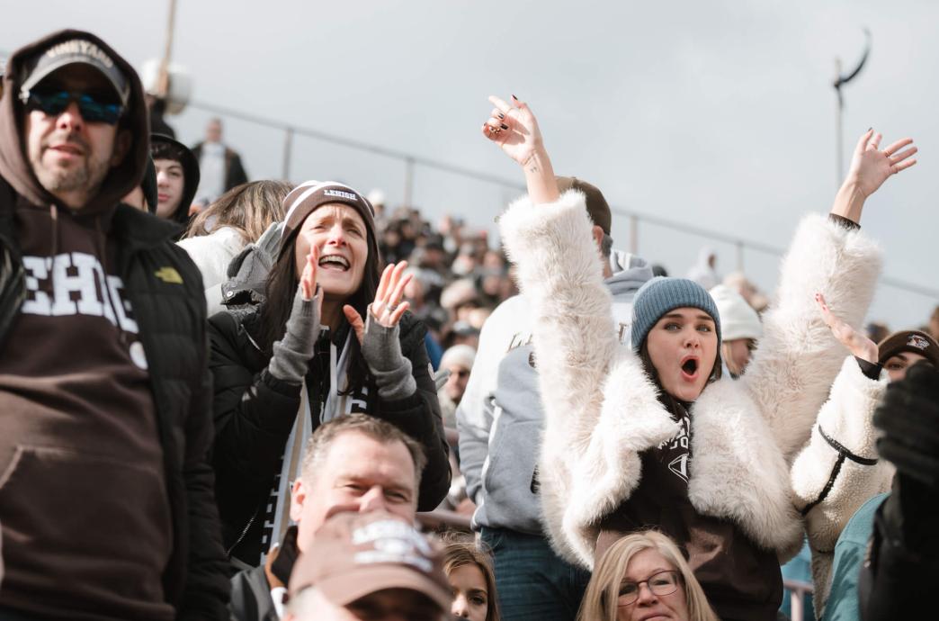 Fans cheering in the stands of Goodman Stadium sporting their brown and white attire.