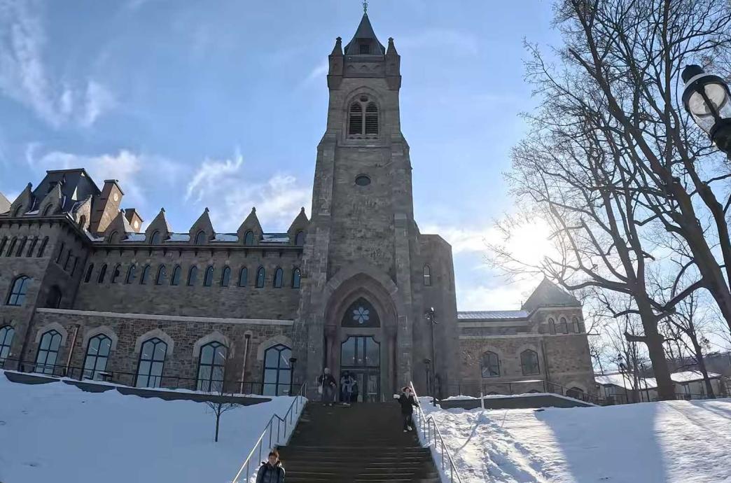 Clayton University Center exterior in the snow