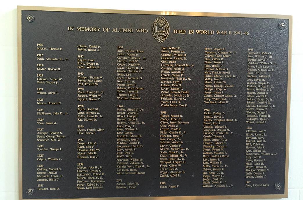 A large plaque engraved with the names of Lehigh alumni who died during WWII.