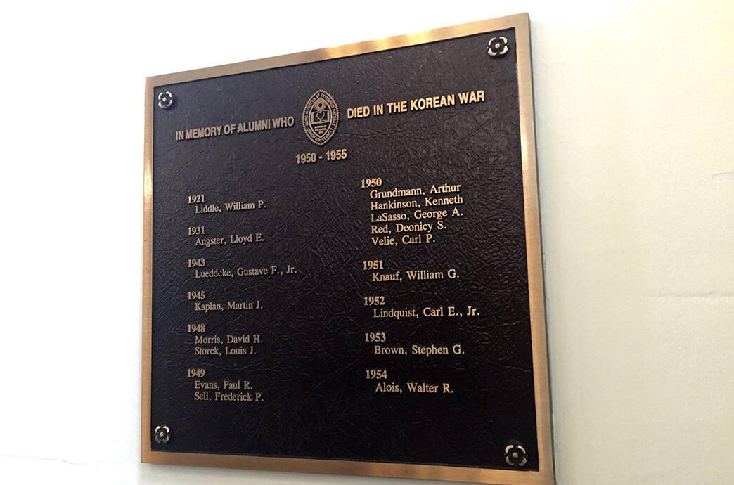 A large plaque engraved with the names of Lehigh alumni who died in the Korean War.