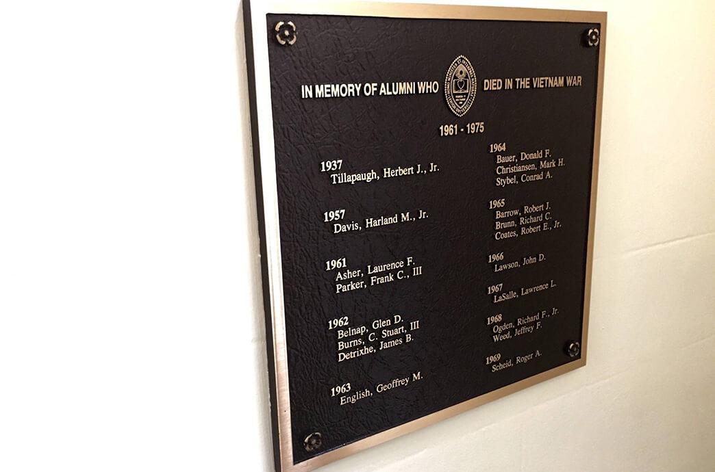A large plaque engraved with the names of Lehigh alumni who died in the Vietnam War.