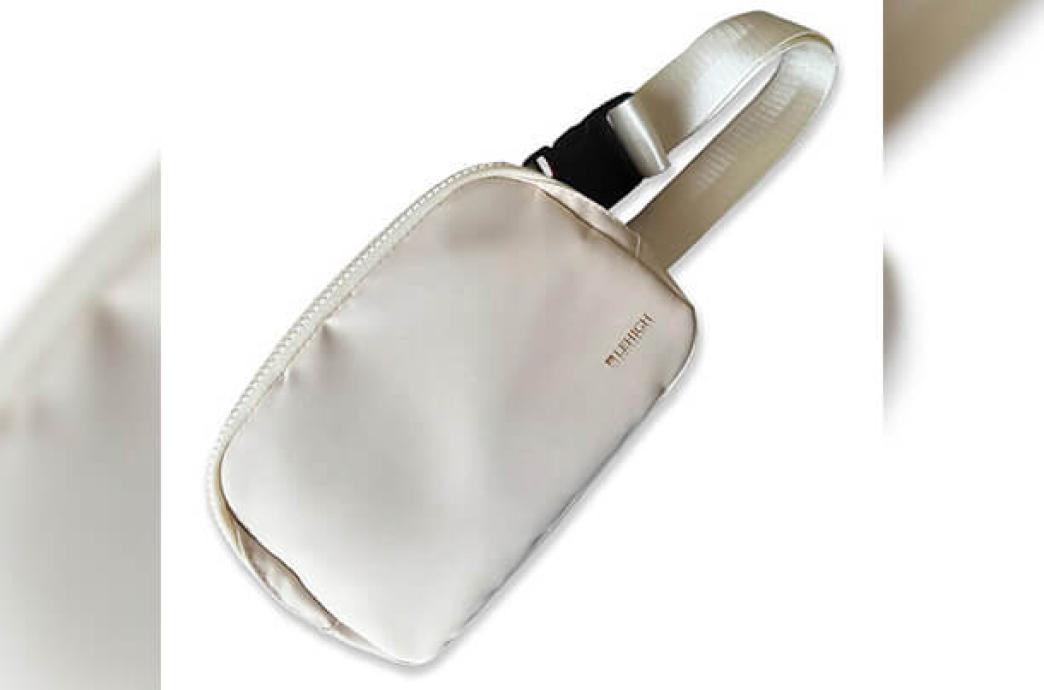 A product image of a white belt bag with a small Lehigh logo on the bottom front corner.