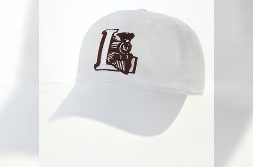 A product image of a white baseball-style hat with a brown Lehigh Engineers logo on the front.