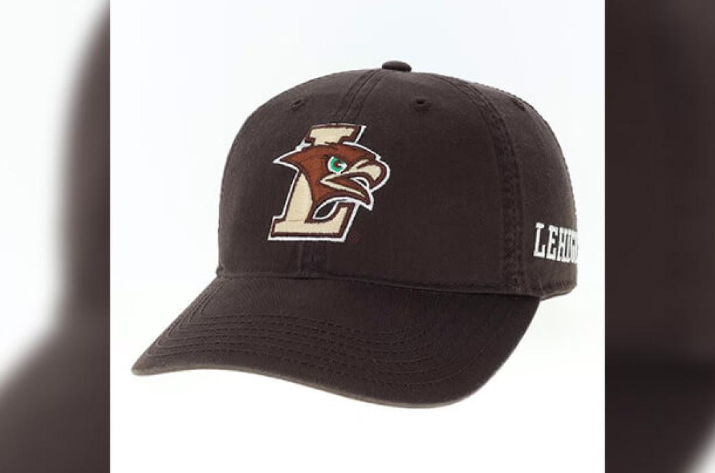 A product image of a brown baseball-style hat with an LHawk logo on the front and “Lehigh” on the back.