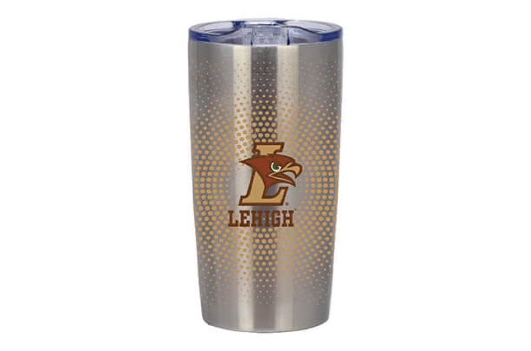 A product image of a stainless travel tumbler with a clear plastic lid and gradient dotted design starting at the center with an LHawk logo.