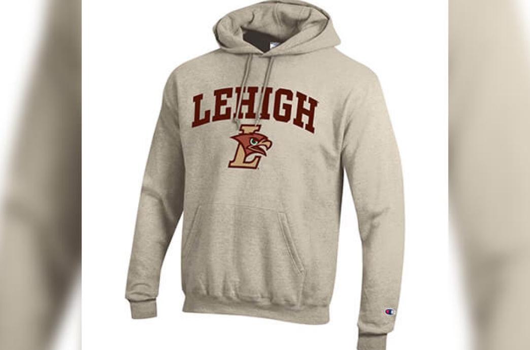 Tan long sleeve hoodie with the word "Lehigh" across the chest