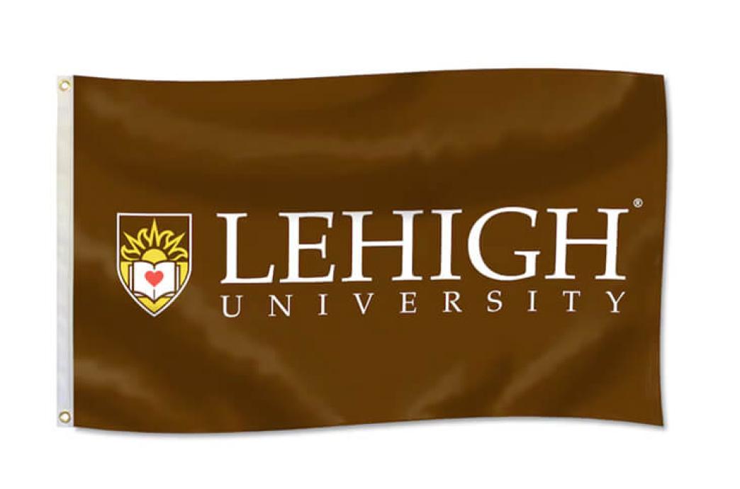 Brown, satin flag bearing the words "Lehigh University"