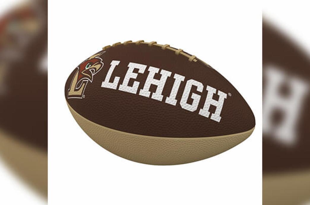 Brown and white football with the Lehigh Hawk logo