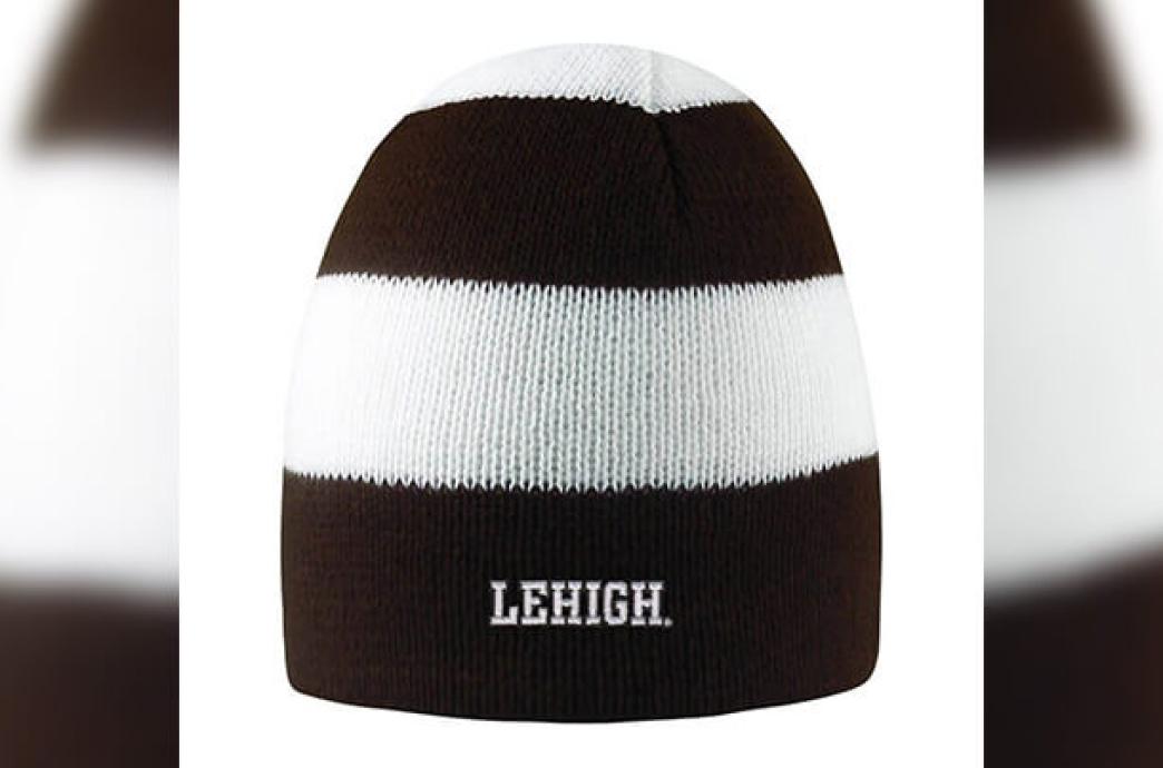 Brown and white striped beanie with "Lehigh" stitched across a brown stripe.