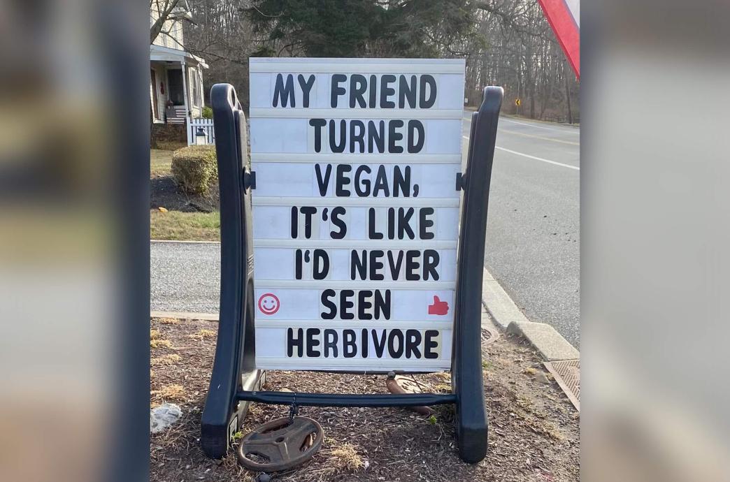 A letterboard on a roadside reads “My friend turned vegan. It’s like I’d never seen herbivore.”