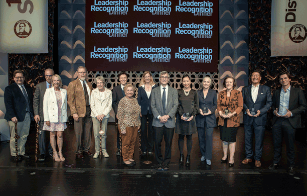 On stage group photo of people honored at the 2022 Leadership Recognition Dinner at Lehigh University
