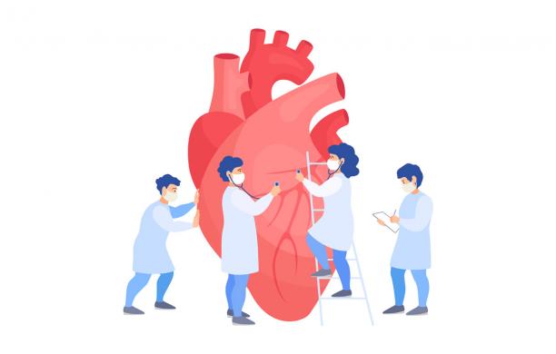 Vector illustration of 4 doctors standing around a large heart with medical devices