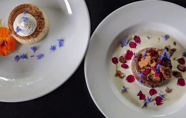 Two plates holding desserts sprinkled with purple flowers