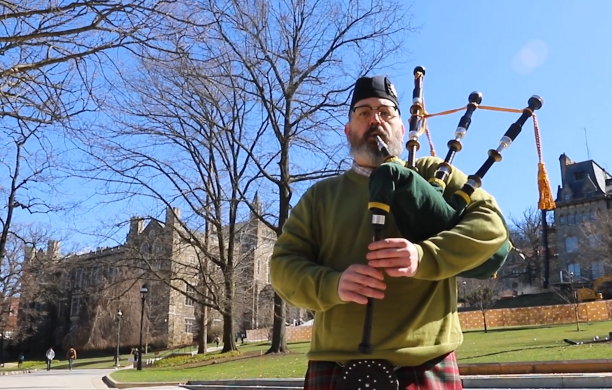 Lehigh Police Officer Lt. Josh Milisits plays the bagpipes.