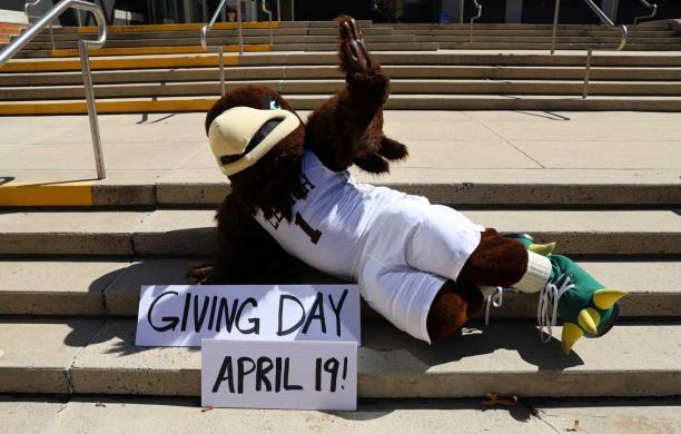Clutch laying on the steps of E. W. Fairchild-Martindale Library with Giving Day, April 19 signs