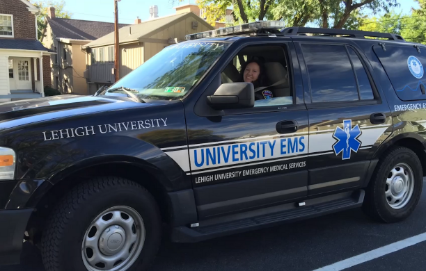 Dr. Juliana Young drives a Lehigh University Emergency Medical Services vehicle on campus.