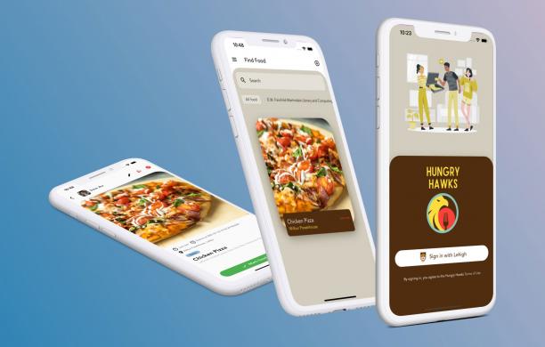 Hungry Hawks app displayed on three mobile phones
