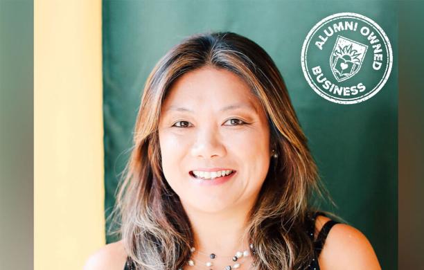 Judy Chow smiling for camera overlayed with an Alumni Owned Business icon