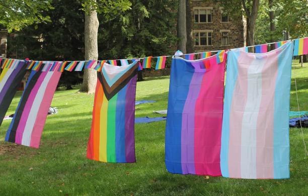 In an open grass area on campus on a bright spring day, a clothesline with various Pride flags hang for a Pride Center event.