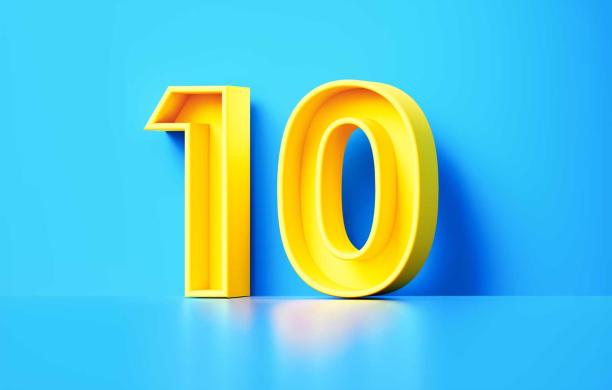 A yellow number "10" on a bright blue background