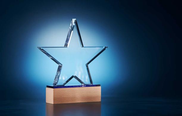 Glass star statuette on a wooden base with a spotlight shining on it.