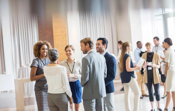 Young professionals standing around talking at a networking meeting