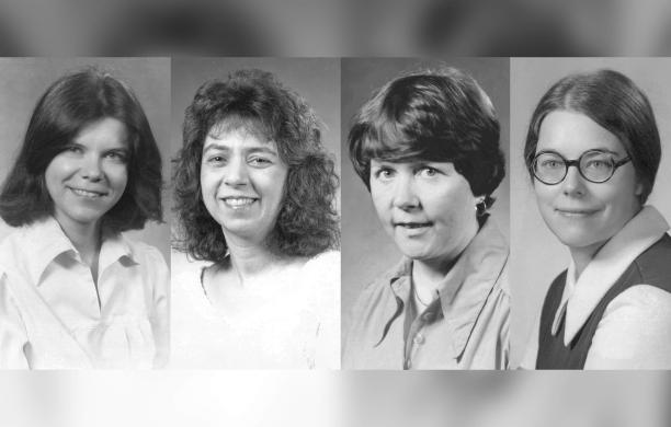 Four black and white portraits of women teachers from the 1970s lined up side by side, each posing and smiling.