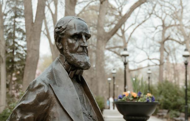 A close up of Asa Packer statue on Lehigh campus