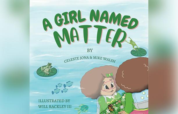 An illustration of a girl who stares at her reflection in a pond for the cover of a children's book.