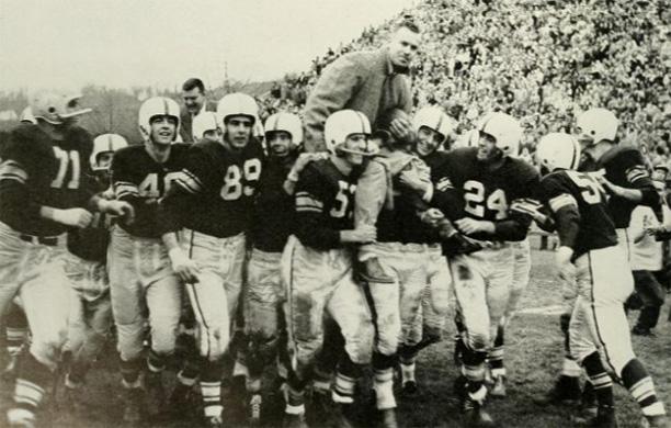 Lehigh football players from the 1956 Rivalry carry Coach Bill Leckonby on their shoulders