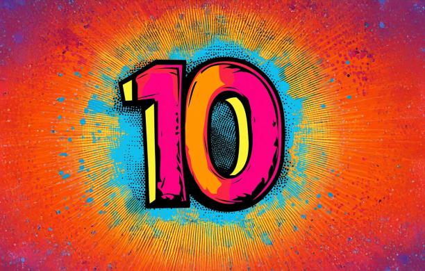 Graffiti number "10" on a background of exploding color burst.