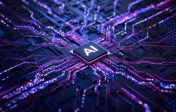 A digitally illustrated image of glowing computer wires with AI written in the middle.