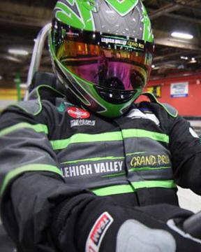 Go-Kart Driver dressed in Lehigh Valley Grand Prix gear driving on the track