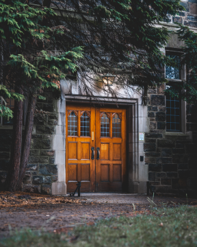 Wooden doorway on campus