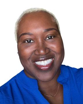 Safiya Jafari Simmons wearing a cobalt blue shirt.