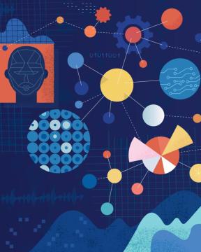 A graphic design of a head with geometrics shapes floating around it.