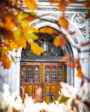 A wooden doorway through blurry orange leaves