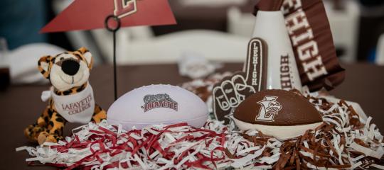 Lehigh and Lafayette athletics swag sitting on a table