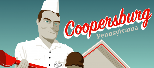 Illustration of Chip, standing outside The Inside Scoop in Coopersburg, Pennsylvania