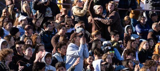 Fans, adorned with brown and white gear, cheer on their Lehigh team.