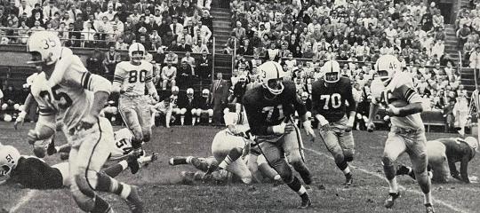 Lehigh football player running an end around from a photo in the 1959 yearbook